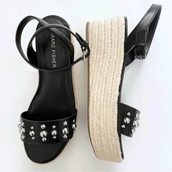 Marc Fisher Joyce Studded Espadrille Platform Sandal Black Silver Size 6 - Picture 1 of 6